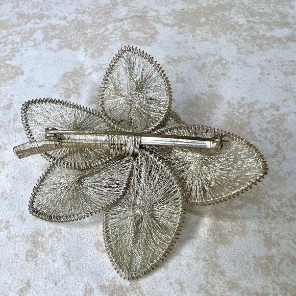 Vintage Silver Mesh Flower Brooch 2.5" Pearl - Picture 4 of 5